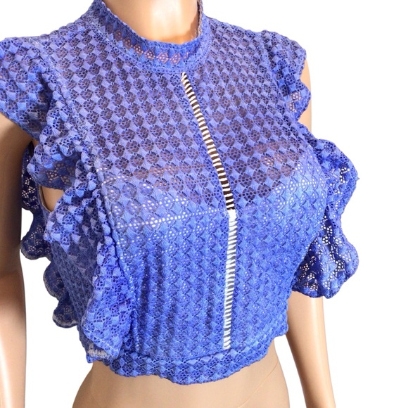 Forever 21 Lace Open Back Crop Top Blue Ruffle Sleeveless Tie Back Juniors M - Picture 3 of 8